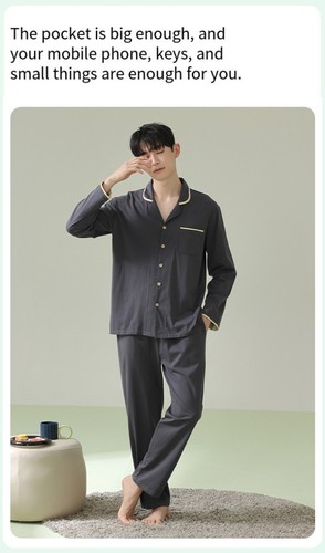 Herren Pyjama Set Langarm Homewear Set Einfarbig Basic Komfort Nachtwäsche - Bild 13 von 28