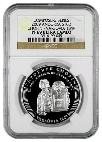 Rare 2009 Andorra Large Proof Silver 10 D Chopin 200 years-1849 Warsaw NGC PF69