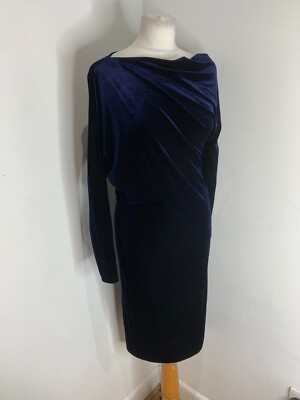Me & Thee navy blue Velvet midi Dress Size 2 UK 10 VGC drape off shoulder
