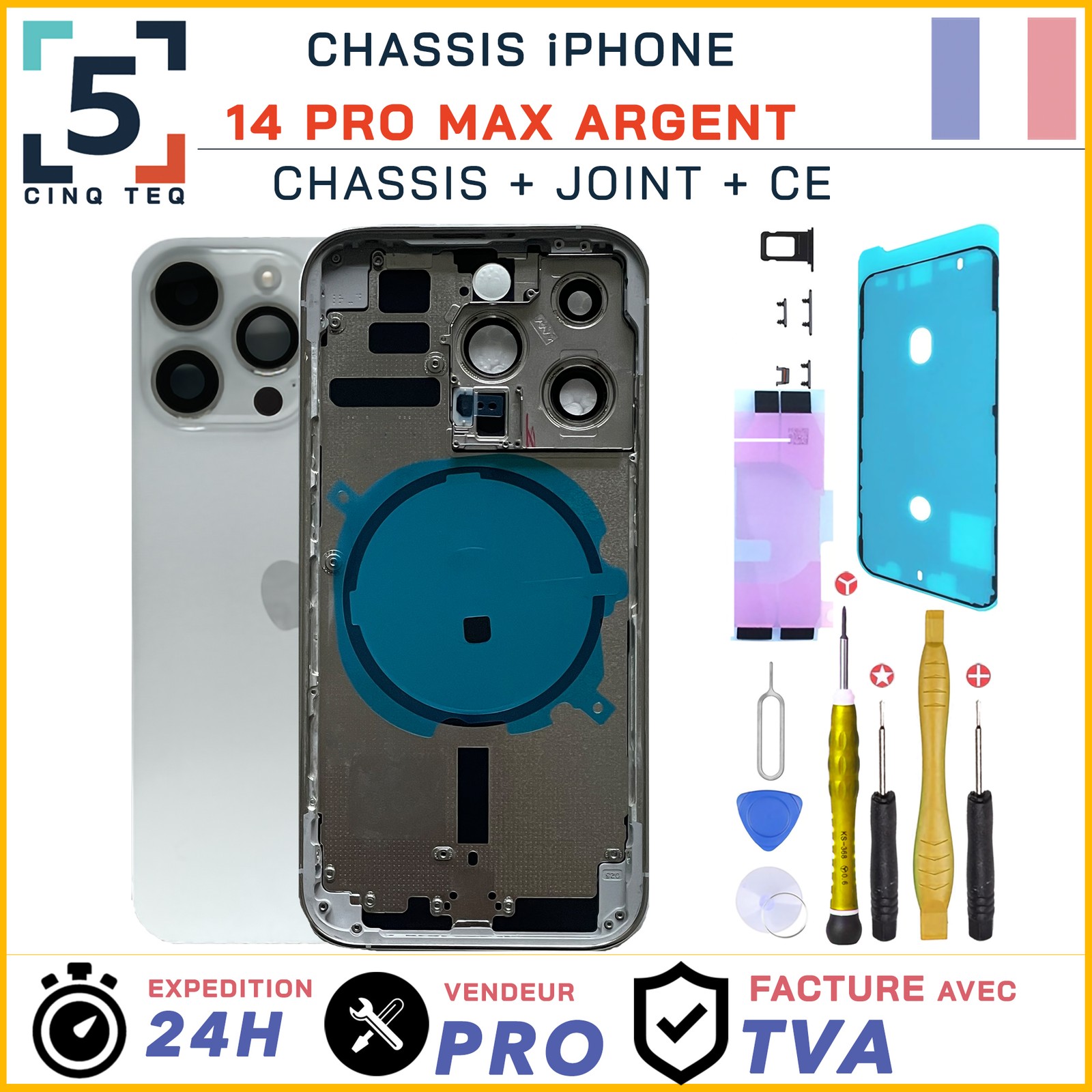 Réparer un dos brisé avec le châssis iPhone 14 Pro Max argent nu et ses outils