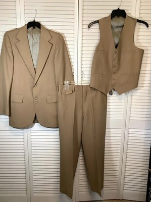 VTG 70s Stanley Blacker 3 Piece Suit Men 42R/Short 32W X 29L Brown Tan Polyester
