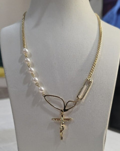 Authentic 14k Gold Plated Cuban Chain Necklace w/ Cross Charm Pendant & Simulated Pearls