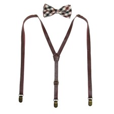 CTM Men's Brown Plaid Bow Tie with Brown Faux Leather Suspender Set