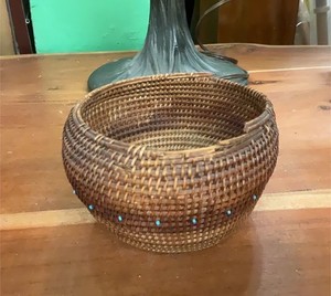 Antique Native American Papago Basket Turquoise Trade Beads Handwoven basket
