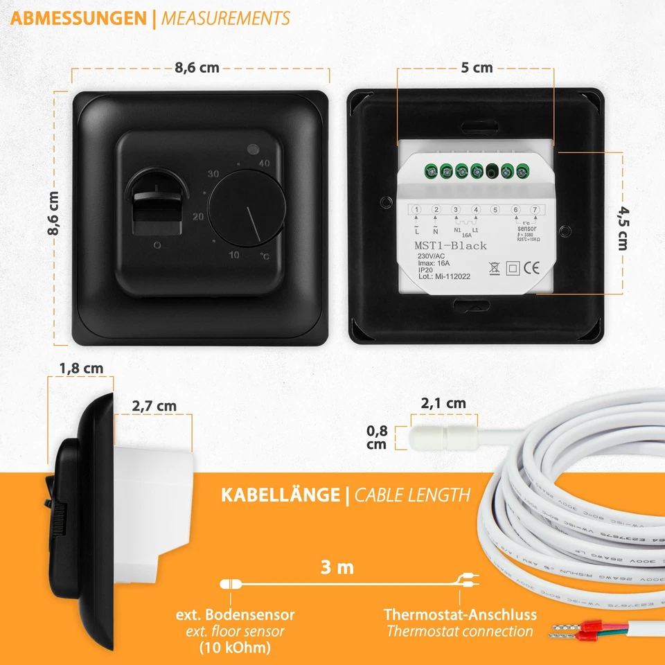 Raumthermostat Thermostat schwarz Temperaturregler Fußbodenheizung Analog  - Bild 3 von 4