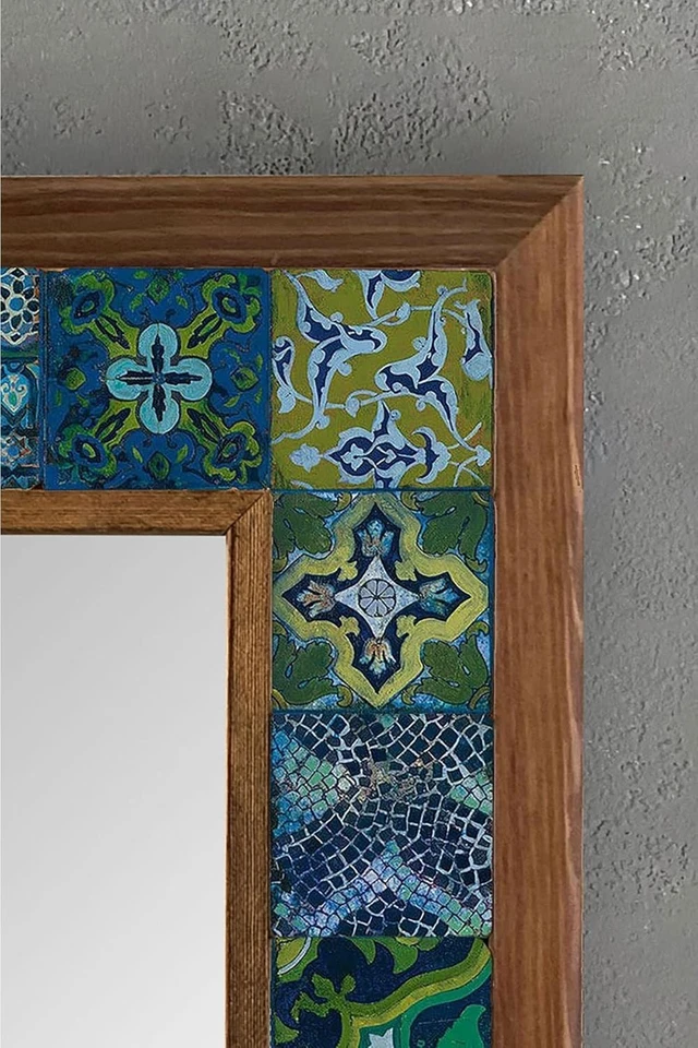 Elegante espejo de mosaico con marco de madera 33x33 cm con azulejos de travertino - Decoración única Foto 4 de 4