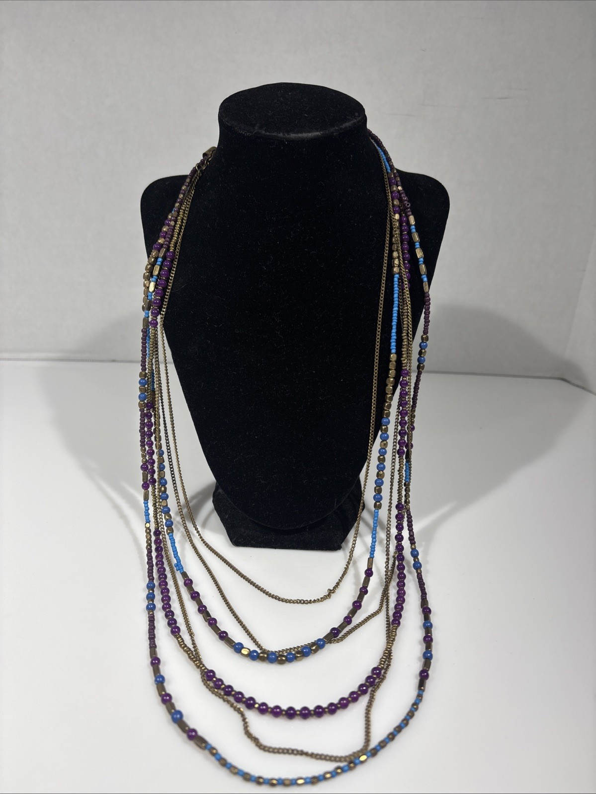Vintage Multi Strand Layered Necklace Purple Blue Seed Bead Brass Chain Boho
