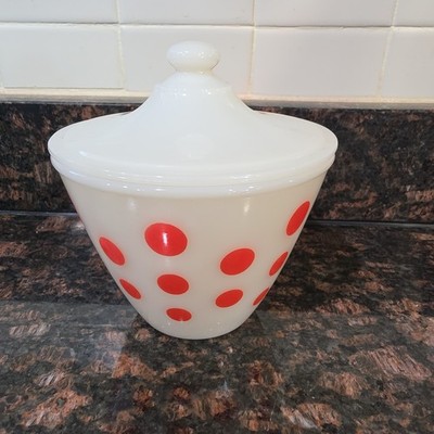 Price Down✨ファイヤーキング レッドチューリップ グリースジャー Vintage FIRE KING Glass Red POLKA DOT Grease Jar with Lid | eBay