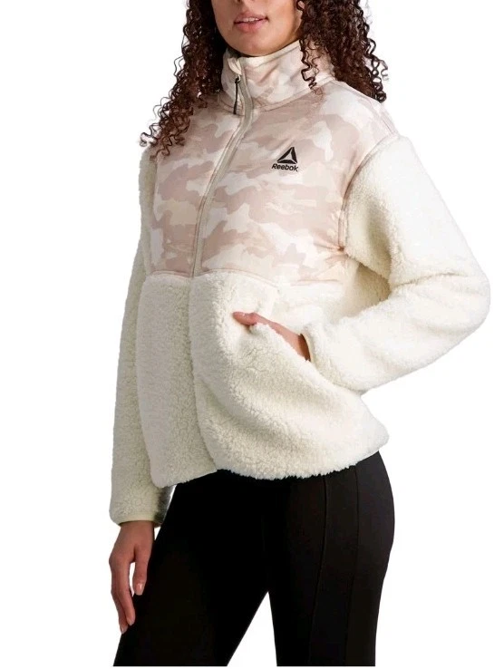 Chaqueta Reebok Mujer XL Sherpa Gran Tamaño Cremallera Completa Cuello Simulado Marfil Rosa Camuflaje Cálida Foto 2 de 4