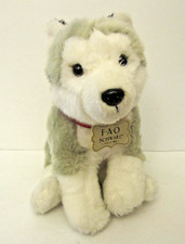 FAO Schwarz Plush Husky Puppy White Gray 10" Stuffed Animal Blue Eyes Red Collar