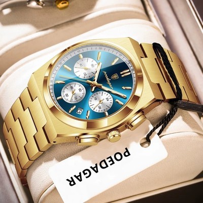 POEDAGAR Men's Quartz Watch Chronograph 30M Waterproof Stainless Luminous NEW