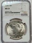 1934 P Peace Silver Dollar, MS 63, NGC, Bright White, Lustrous, Tougher Date