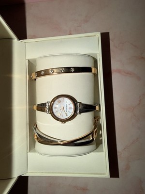 Anne Klein Rose Gold-Tone Diamond Dial Watch & Bangle Bracelet Set   New in Box