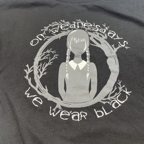 Wednesday Addams Short Sleeve Graphic T-Shirt Medium 7/8 We Wear Black Netflix - Picture 3 of 5