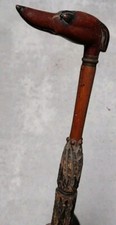 canne ancienne bois sculpté forme parapluie pommeau tete de chien