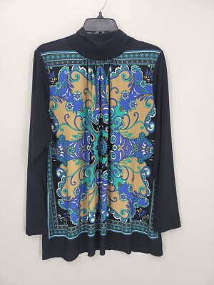 Marc Bouwer Top Womens Plus 1X Avant Guard Artsy Black Colorful Long Sleeve