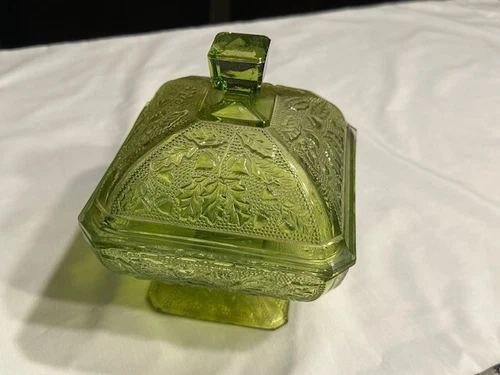 Vintage Jeanette Green Glass Candy Dish with Lid