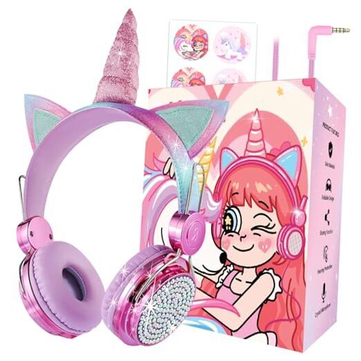 Kids Unicorns Headphones with Mic for School/Travel,95dB Volume Rose2