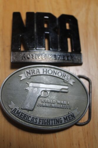 2 NRA belt buckles World War I Colt 45 and active… - image 1