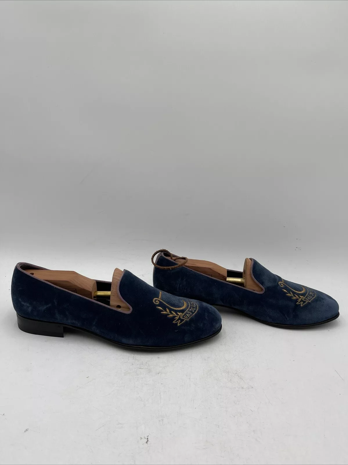 Mocassins mocassins Gucci bleu velours rose bordure gros grain lyre taille 8,5