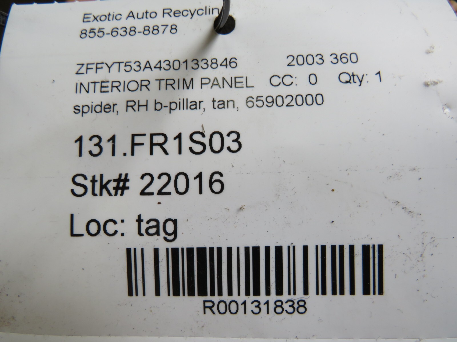 Ferrari 360, Spider, RH, Right, B-Pillar Trim Panel, Used, Tan, P/N 65902000