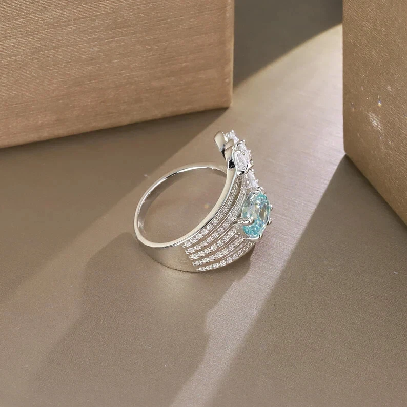 Genuine Oval Cut Aquamarine & Pear Cut Simulated Sapphire Luxury Women's Ring - Image 3 of 4