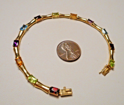Ladies' 14K Yellow Gold Link Bracelet w 12 Semi-Precious Gemstones  7.25''  7.9g