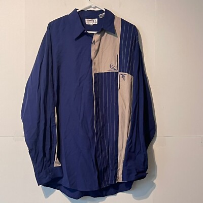 Division 10 Mens Shirt Size XL Blue Grey Color Block Embroidered Striped Rayon