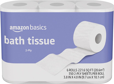Amazon Basics 2-Ply Toilet Paper 6 Rolls = 24 Regular Rolls, 350 Sheets, (1 Pack
