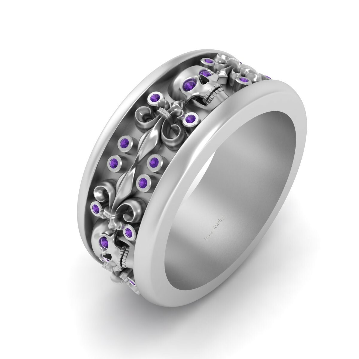 Mens Skull Wedding Band Purple Amethyst Gothic Bikers Skull Ring Sterling Silver-image
