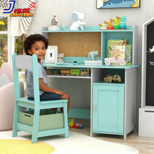 Blue Kids Desk Chair Kids Desk with Storage and Shelf Wooden Chair Set