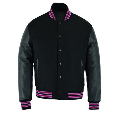 Varsity Lettermen baseball Jacket Black Wool Leather with Pink WhiteTrim College