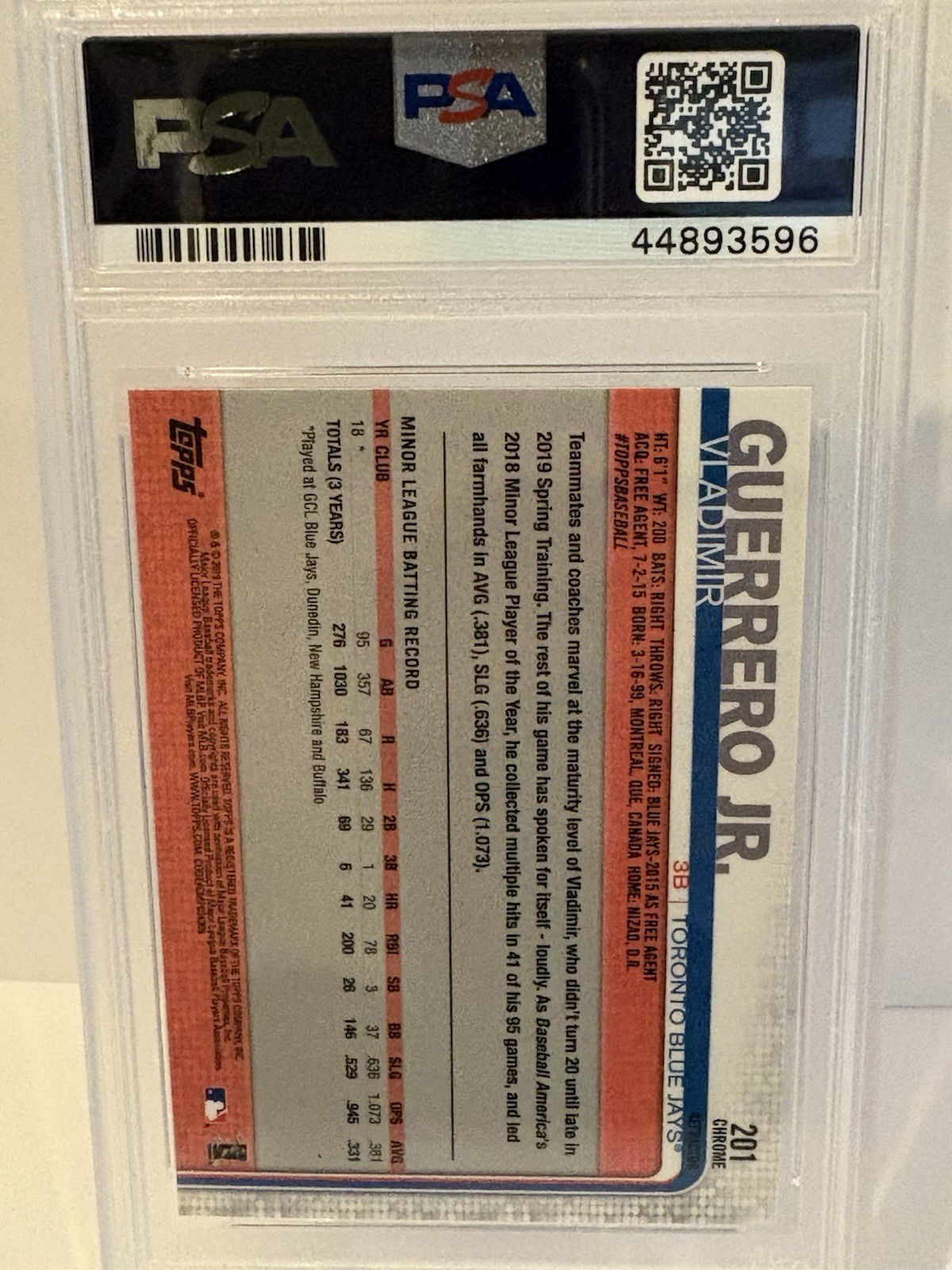 2019 Topps Chrome #201 Vladimir Guerrero Jr. Refractor RC PSA 3 Lowest Graded! view 2