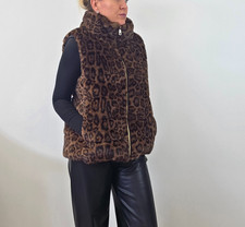 Damen Fellweste Leo Muster Gefütterte Weste mit Kapuze Größe L