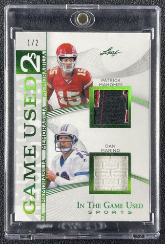 PATRICK MAHOMES DAN MARINO 2025 LEAF IN THE GAME USED TAG PATCH AUTO GREEN 1/2