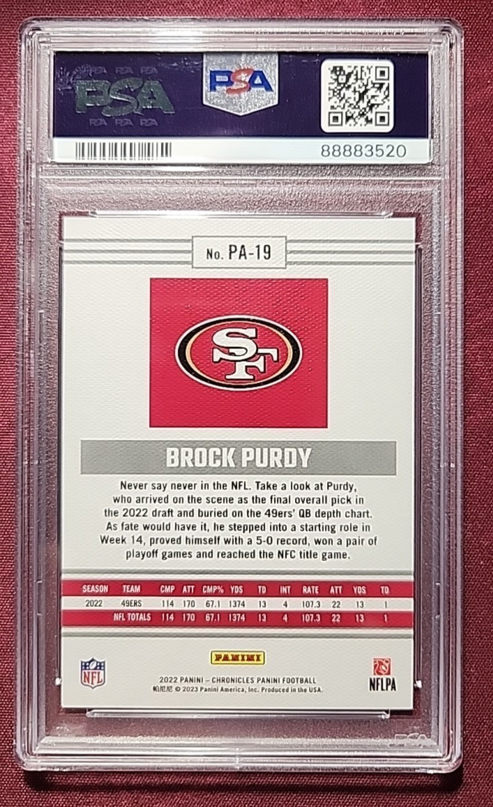 2022 Panini Chronicles BROCK PURDY Rookie RC #PA19 PSA 9 MINT 49ers view 2