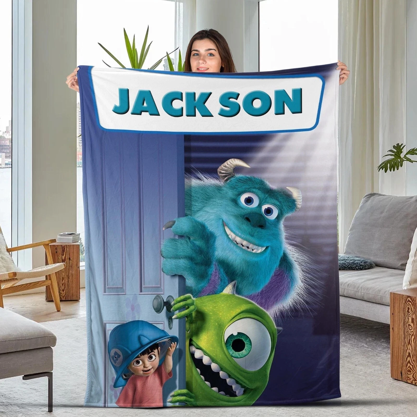 Cute Monster Inc Blanket, Personalized Cartoon Blanket, Baby Name Fleece Blanket
