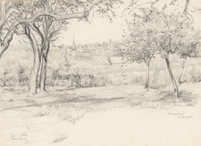 E. NÖBBE (1882-1948), Obstwiese mit Blick auf Dompierre,  1918, Bleistift