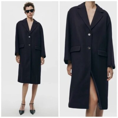 Zara Wool Blend Oversized Coat Navy Women's Size XS-S | eBay