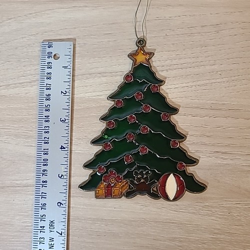 Set of 2 Vtg Lead Framed Stained Glass Window Suncatchers Pointsettia/ Xmas Tree - Picture 6 of 9