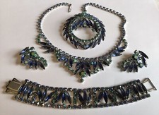 JULIANA D  E BLUE NAVETTE RHINESTONE NECKLACE BRACELET BROOCH  EARRINGS