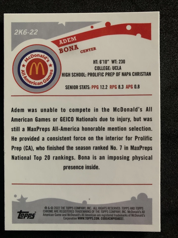 2021-22 Chrome Mcdonalds All American 2006 All American #2K6-22 Adem Bona - Image 2 of 2