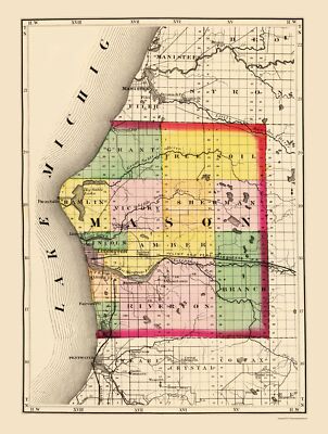 Historic County Map - Mason County Michigan - Walling 1873 - 23 x 30.48