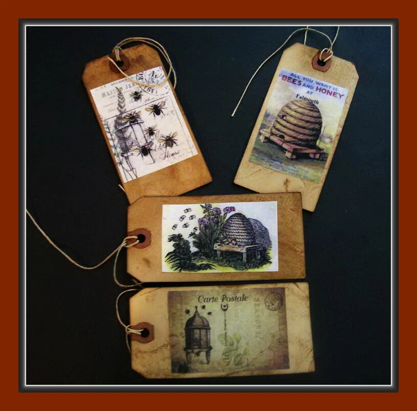 VINTAGE BEE LABELS AND DESIGNS - PRIMITIVE HANG TAGS - SCENTED - EIGHT  - SET# 1 - Image 3 of 4