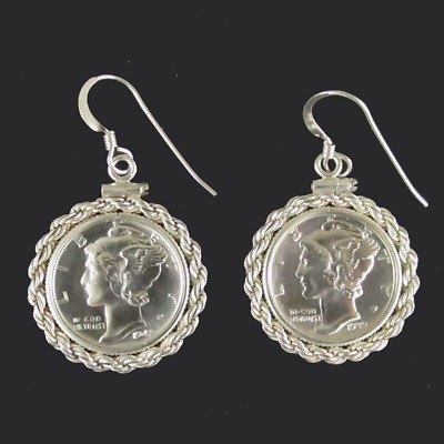 Vintage Mercury Dime Earrings 90% Silver Coins Rope Sterling Silver Bezels Hooks