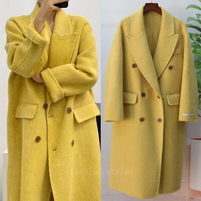Womens Yellow Cashmere Trench Coat Loose Wool Double Breasted Long Warm  Coat New