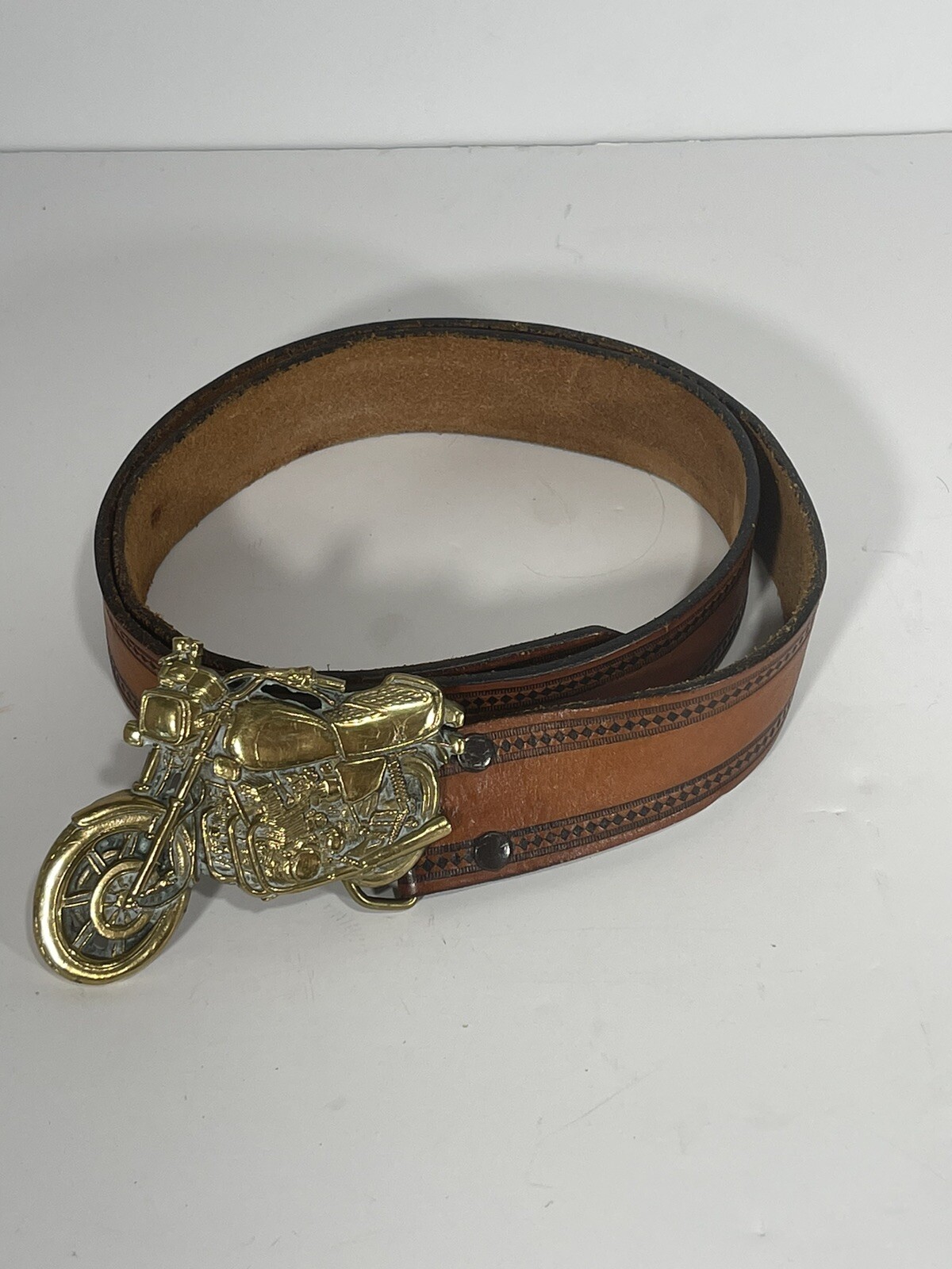 Leather Belt Brown with Large Gold Brass Motorcycle Bike Buckle Luxury Belt-image