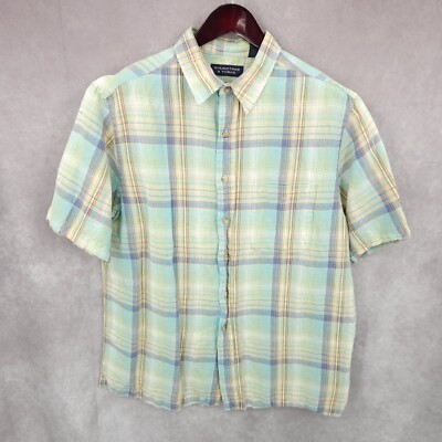 Roundtree & Yorke Shirt Mens Large Linen Plaid Button Up Short Sleeve Casual