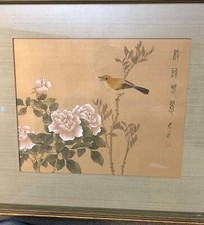 PAIR OF ANTIQUE CHINESE PAINTINGS ON SILK WITH BIRDS AND FLOWERS - ARTIST SIGNED