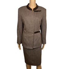 KASPER Women 2PC Skirt Suit Size 14P Brown Tweed Lined Stand Up Collar